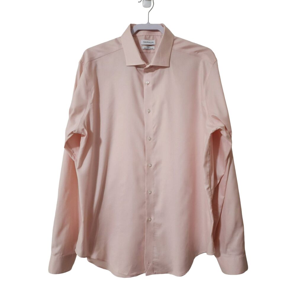 Calvin Klein Steel+ Solid Slim Fit Button Down Shirt Stretch 17.5 36/37 Pink EUC